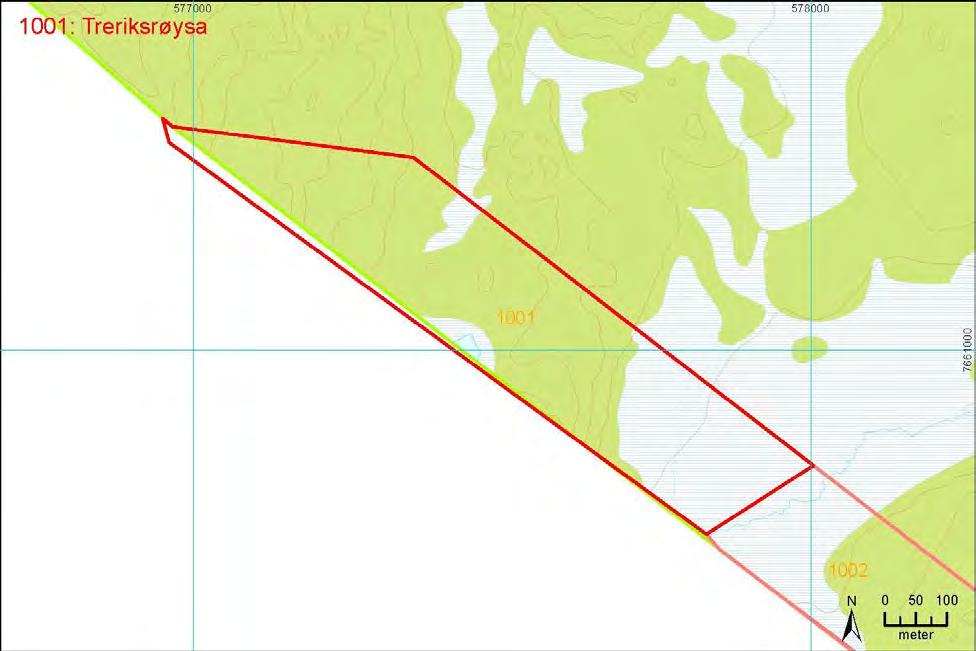 Figur 43. Avgrensning av lokaliteten. Øvre Pasvik nasjonalpark vises med grønn linje. Andre naturtypelokaliteter vises med rosa linje.