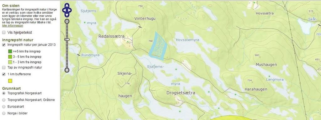 Planområdet (vist med lys blå farge) ligger i overkant av to km fra nærmeste