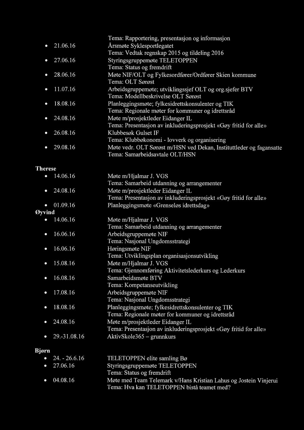 16 Tema: Rapportering, presentasjon og informasjon Årsmøte Syklesportlegatet Tema: Vedtak regnskap 2015 og tildeling 2016 Styringsgruppemøte TELETOPPEN Tema: Status og fremdrift Møte NIF/OLT og