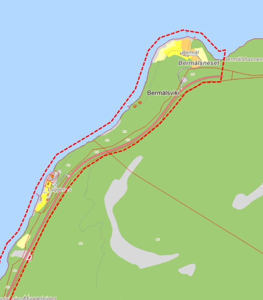 Kartutsnitt: Frå Arerust til Bermål Status for planområdet i dag Planområdet føl i stor grad strandsona og er i stor grad innanfor 100-meters-sona.mot sjø.