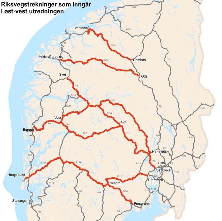 Øst-vest utredningen De ulike vegforbindelsene Utredningen har i stor grad konsentrert seg om alternativer mellom Oslo og Bergen Riksveger: E136