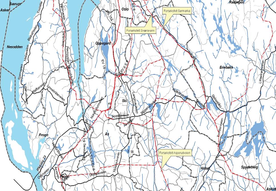 3.5 Beskrivelse av området og forsøkene Undersøkelsen omfatter tre forsøksfelt. De tre felta ligger i Ski kommune, Akershus fylke. Se figur 4. Figur 4. Kart over forsøksfeltene.
