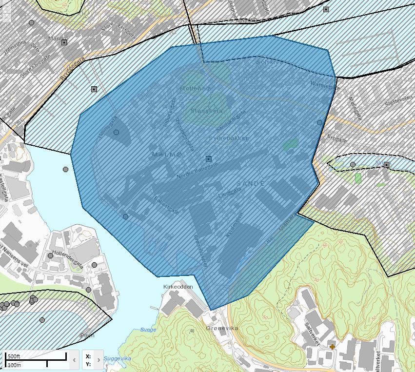 Vedlegg 2: Området i skravert blått er registret med en rekke fuglearter av stor forvaltningsinteresse (det samme gjelder de omkringliggende