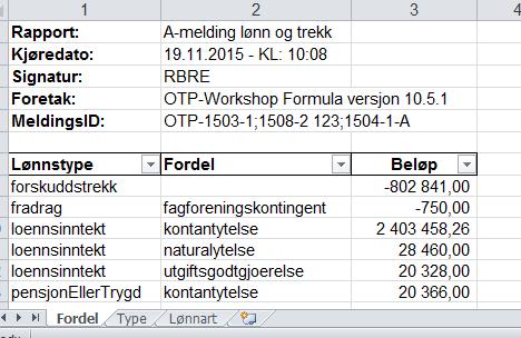 Resultatet Du får 3 faner(ark) hvor det er splittet ytterligere. Disse tallene kan du avstemme mot rapporten ifra Altinn (A07).