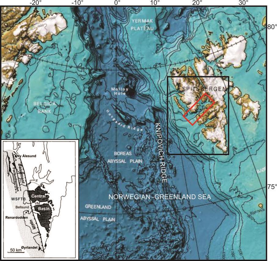 Figur 1.1: Regional setting med utsnitt av delar av Spitsbergen (markert med svart firkant). Studieområdet er markert med raud firkant.