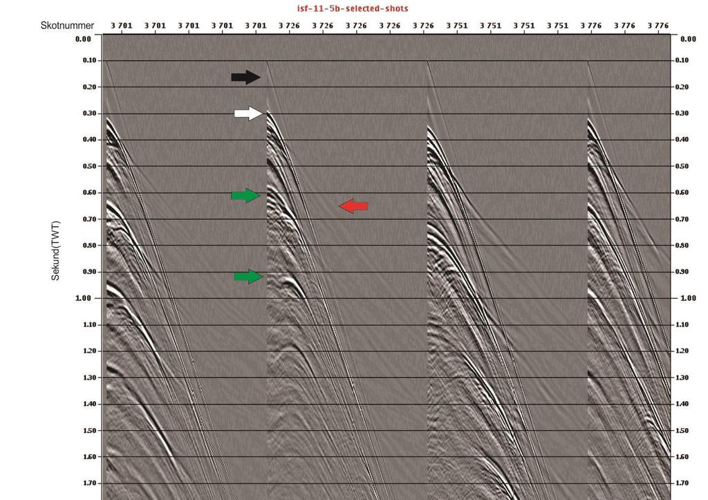 s. Dei to øvste multiplane kan sjåast som tydlege refleksjonar med lik moveout som havbotn ved 0,60 s og 0,90 s. Den refrakterte bølgja kan skimtast frå ca. 0,45 s. Figur 5.