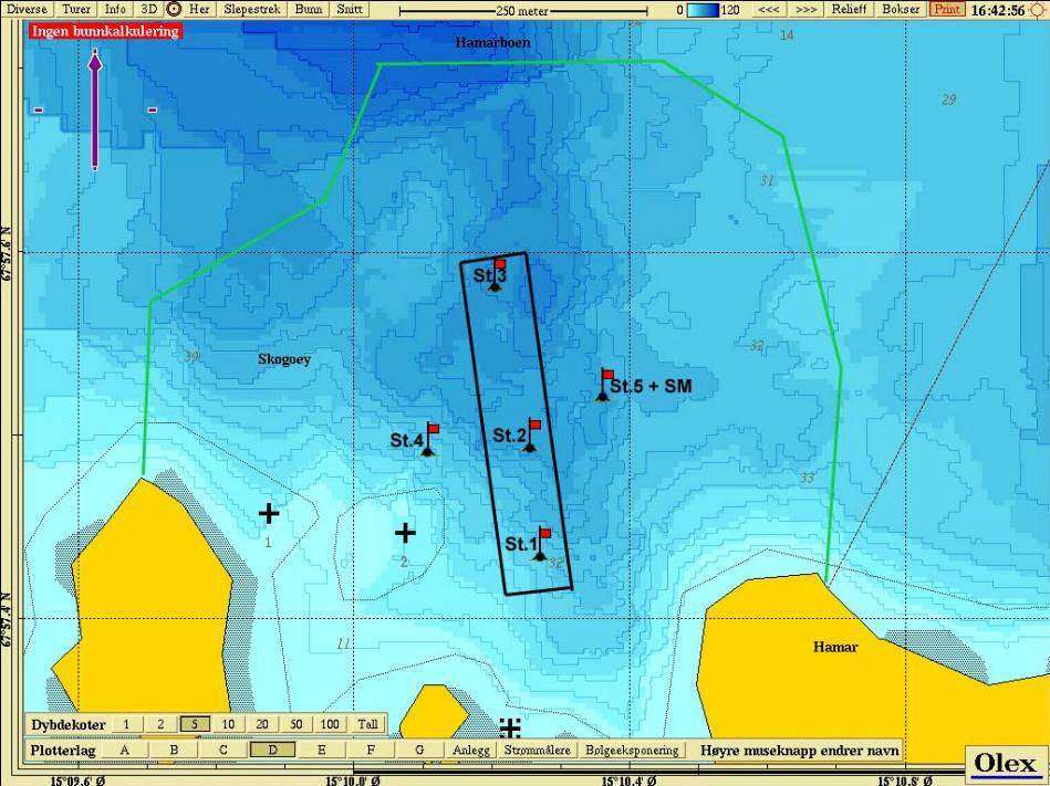 Figur 33. Lokaliteten Hamar med prøvetakingstasjonene St.1 St.5 inntegnet. Plassering av strømmålere SM på St5. 9.1.1 Drift Lokaliteten ble første gang tatt i bruk i 1988.