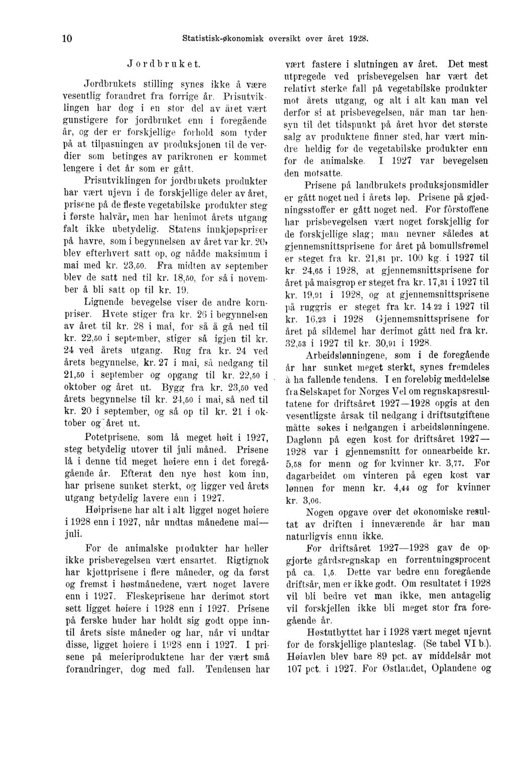 10 Statistisk-Økonomisk oversikt over året 1928. Jordbruket. Jordbrukets stilling synes ikke å være vesentlig forandret fra forrige år.