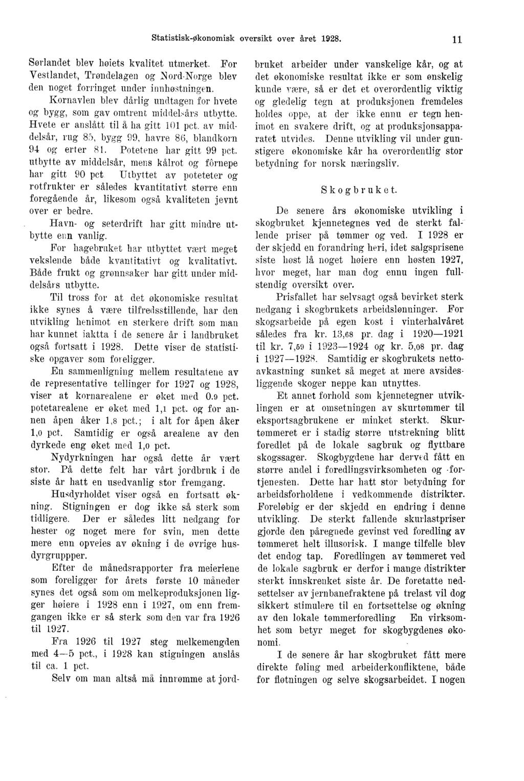 Statistisk-Økonomisk oversikt over året 1928. 11 Sørlandet blev hoiets kvalitet utmerket. For Vestlandet, Trøndelagen og Nord-Norge blev den noget forringet under innhøstningen.