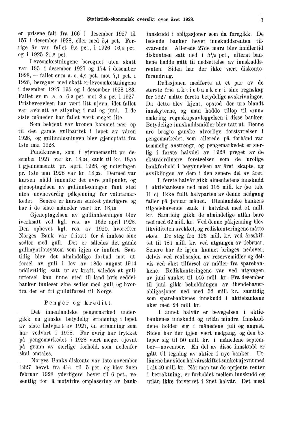 Statistisk-Økonomisk oversikt over året 1928. 7 er prisene falt fra 166 i desember til 157 i desember 1928, eller med 5,4 pct. Forrige år var fallet 9,8 pct., i 16,4 pct. og i 1925 21,2 pct.