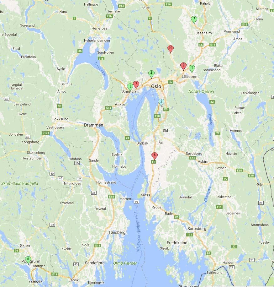 Figur 2 Hydrogenstasjoner i Osloregionen. De som er markert grønt er i drift og for biler.