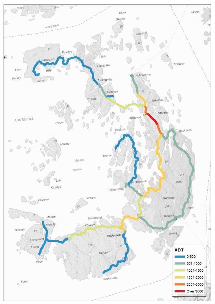 4 Trafikkdata og ulukkesstatistikk 4.1 Trafikkdata Den mest trafikkerte vegstrekninga på Austevoll er Fv 546, i området rundt Storebø, frå rundkøyringa ved Bjelland til avkøyringa til Hundvåkøy.