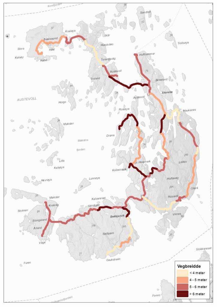 4.2 Vegstandard Standarden på vegane i Austevoll er varierande. Det er få gangfelt for mjuke trafikantar i kommunen, og generelt er vegbreidda smal.