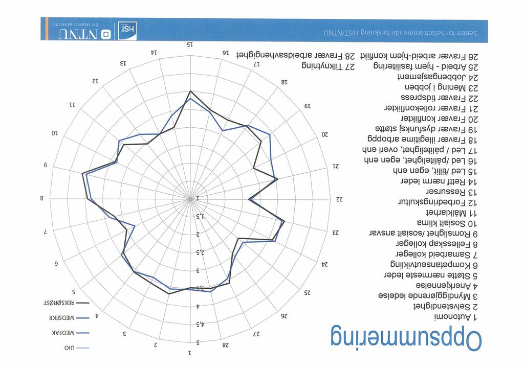 0.. um ei I Autonomi 2 Selvstendighet 3 Myndiggjørende ledelse 4 Anerkjennelse 5 Støtte nærmeste leder 6 Kompetanseutvikling 7 Samarbeid kolleger 8 Fellesskap kolleger 9 Romslighet /sosialt ansvar 10