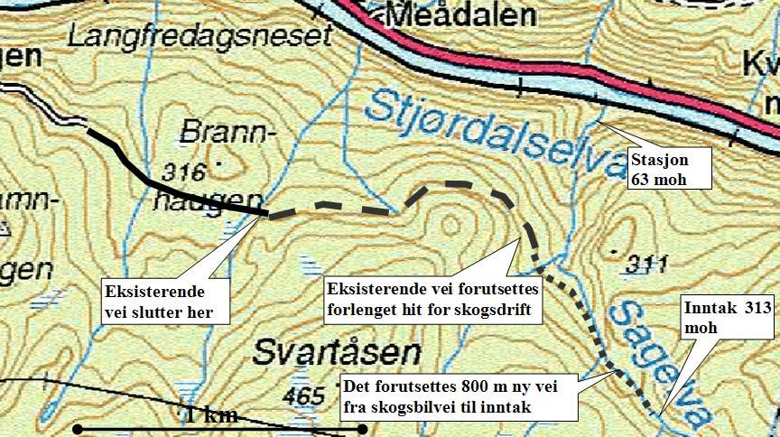 Figur 4 Eksisterende vei forutsettes forlenget (stiplet linje) frem til rørtrasé,