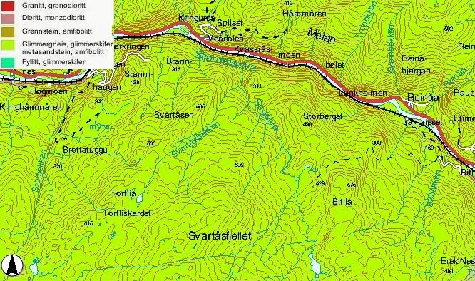 Figur 6 Berggrunnen i Sagelvas nedslagsfelt (kilde: NGU). Figur 7 Løsmasser i Sagelvas nedslagsfelt (kilde: NGU).