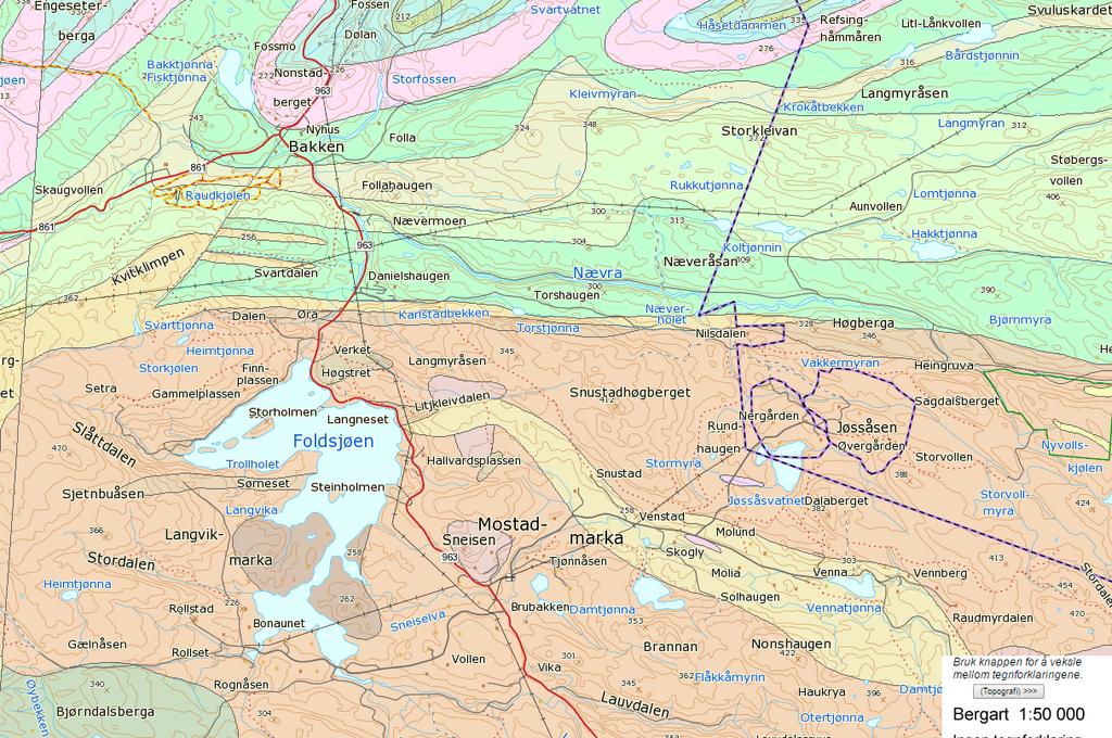 Figur 6: Viser grov oversikt over fordeling av berggrunn i tiltaksområdet (www.ngu.no).