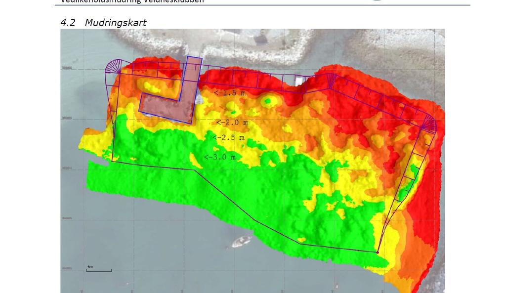Mudringsområdet etter mudring i 2015, basert på teoretiske data fra Saturn: Miljøprøver som ble tatt i forbindelse med vedlikeholdsmudringen oversendes som vedlegg til havnekravet.