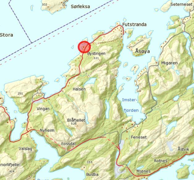 2 PLANOMRÅDET 2.1 Beskrivelse av området og dagens status Figur 1 Bystingen, snillfjord kommune (markert i rødt) Bystingen ligger ved Fv. 291 ca.
