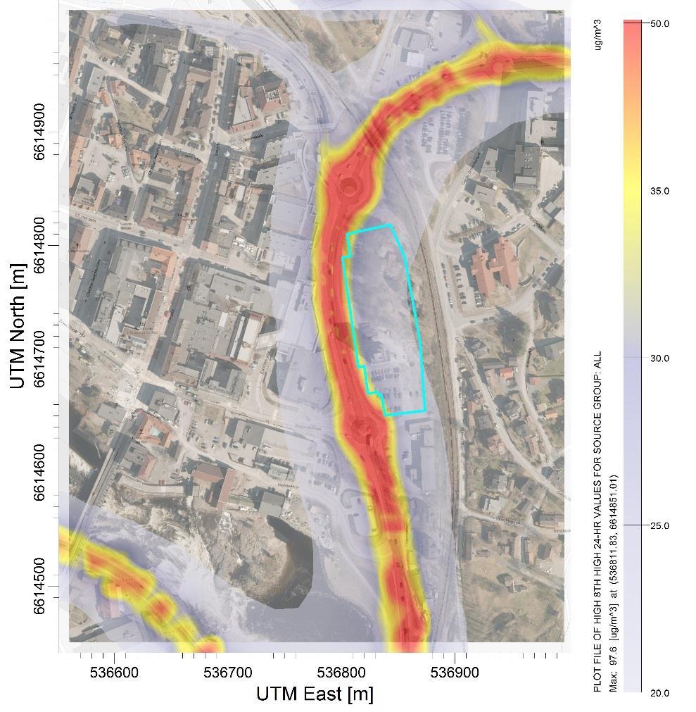 Utredning av luftkvalitet: Sildetomta, Kongsberg 17 5 Resultater Spredningsresultater for PM10 og NO₂ er vist nedenfor for dagens situasjon og for framskrevet situasjonene.