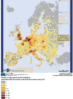 Cities >50,000 reachable in <60 minutes by car u Sparsely populated areas,