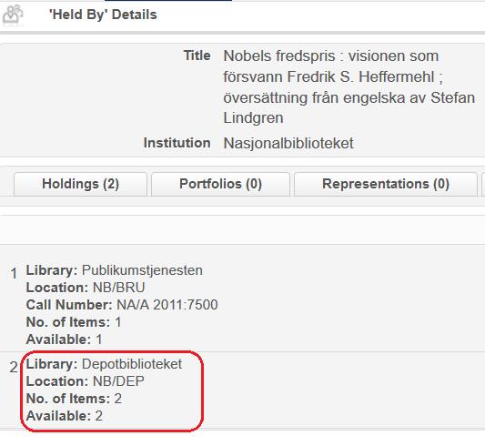 3. Her ser vi at NB/Depotbiblioteket har to eksemplarer, og begge er tilgjengelig (available).