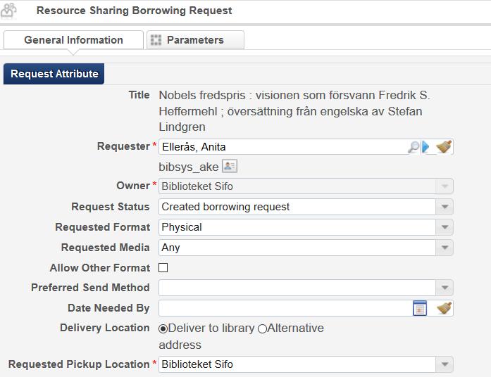 Hvilket valg du får i feltet Requested Pickup Location styres av verdiene i feltet Resource sharing library i låntakers låntakerprofil.