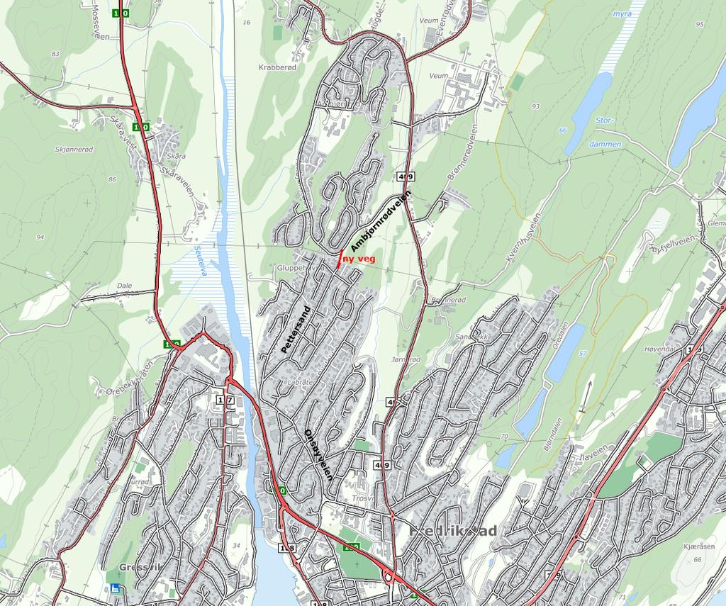 TRAFIKKVURDERINGER, NY VEITRASÉ AMBJØRNRØD 3 Figur 1: Ny veitrasé mellom Pettersand og Ambjørnrødveien, åpent for trafikk høsten 2016 Høsten 2015 var Onsøyveien (sør for Pettersand), stengt for