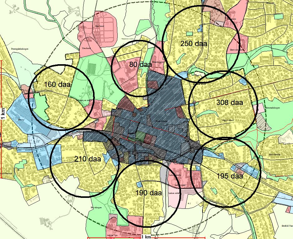 De sentrumsnære boligområdene er vist på dette kartet. De ligger alle innenfor 1 km fra kollektivknutepunktet og utgjør til sammen 1400 daa.