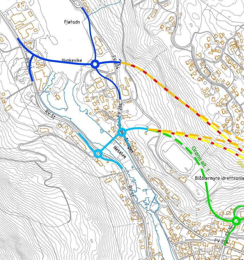 ligger vinkelrett på elva. Brua blir kortere, og åsene på begge sider av elva vil gjemme inngrepene.