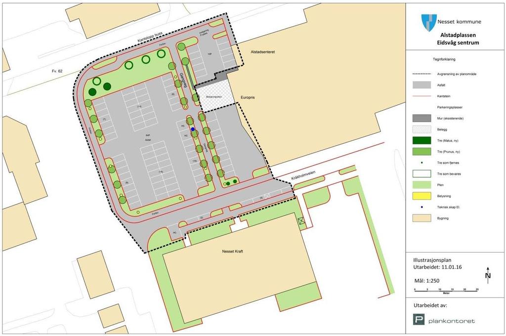 2. BESKRIVELSE Anbudet omfatter en hovedentreprise for opparbeidelse av Alstadplassen i Eidsvåg sentrum. Plassen skal opparbeides med parkeringsplasser, gangfelt, grøntarealer og belysning.