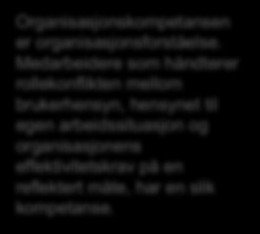 Organisatorisk kompetanse fremmer faglig forsvarlighet (tri-kulturell kompetanse) Faglig kompetanse Faglig og organisatorisk kompetanse er ikke motsetninger, men gjensidig utfyllende