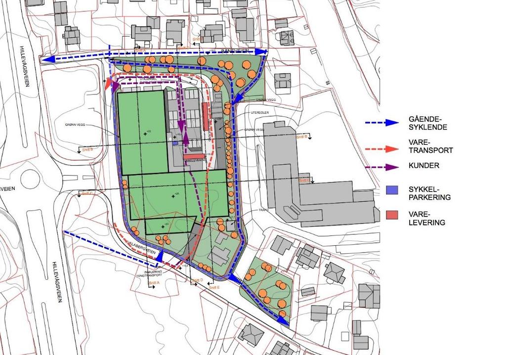 Det legges til rette for noe sykkelparkering utenfor ved inngangen, ellers skal denne løses innendørs.