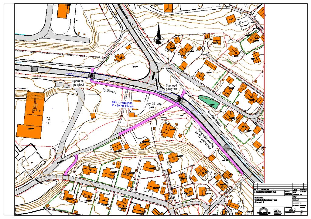 Fordeler Kort vei fra nytt boligfelt til eksisterende GS-veier og holdeplass. Lave kostnader. Ulemper Fare for snarveier med uønskede kryssinger flere steder.