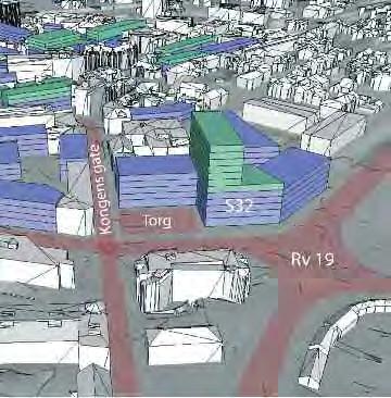 26 Uttrekk fra arbeidsmodell for høyder høyhusområdet S32: Skissen fra 3D-modellen viser forholdet mellom sentrumsplanen fra 2006 og ny sentrumsplan.