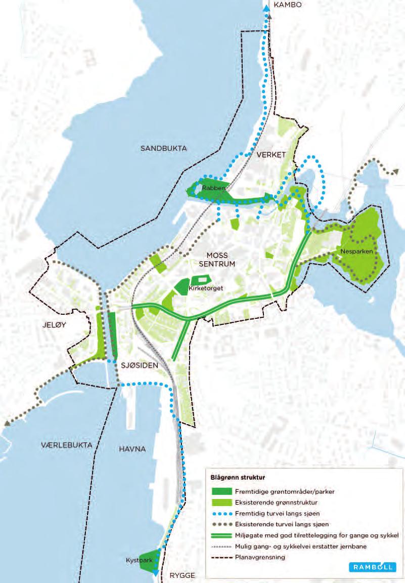 35 Strategier for bykvalitet og blågrønn struktur God arkitektur og kvalitet på bygninger og byrom Styrke sentrumsaksen Ny sjøpromenade, g/s-veg langs dagens jernbane, ny elvepromenade og nye større