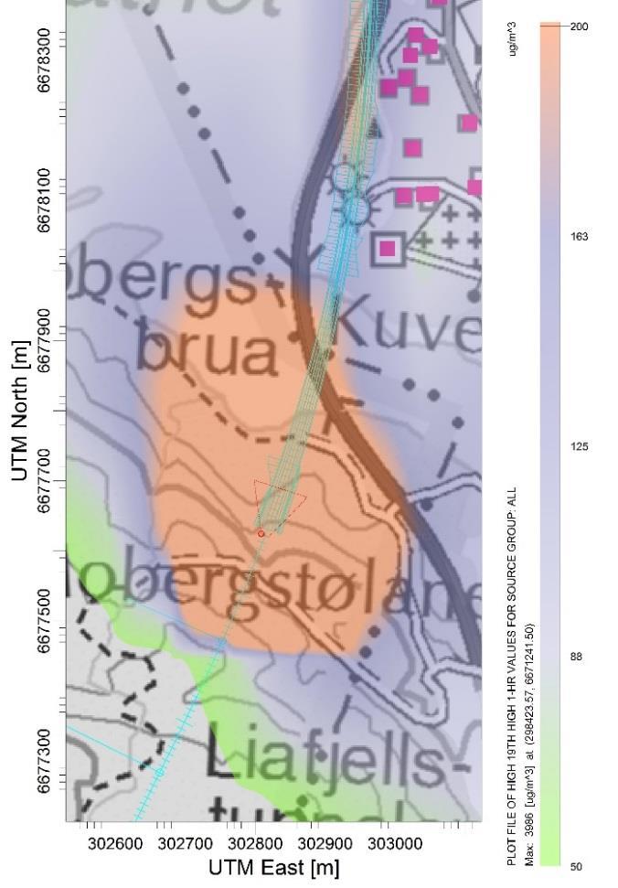 Figur 15: Framskrevet situasjon 2045 for Alt B som viser utbredelsen av nasjonal grenseverdi (NO₂ timemiddelkonsentrasjoner) for tunnelmunning B1 (til venstre) og B2 (til høyre).