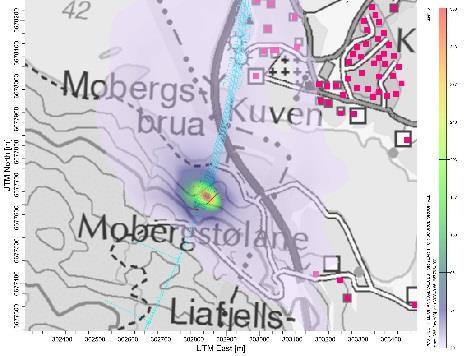 maksimum utbredelse ikke målt fordi spredningsberegningene viser at det ikke forekommer utslag av konsentrasjoner og/eller bygninger i kategorien følsom arealbruk i nærheten.