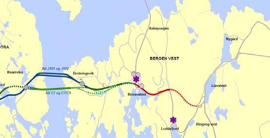 11.2.2 Omtale av løysingsvariantane i prinsipp 1 I delplan 1 er alle traséalternativ mellom Kolltveit og Storavatnet som er omtalt i konsept J og F i pkt 11.1. mogleg.