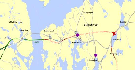 Ny 2 løps tunnel med 2 felt i kvart løp (ca 2 km) mellom Storavatnet og Liavatnet som kan nyttast både av Sotratrafikken og Askøytrafikken Nytt fullt kryss i dagen på fylling i Liavatnet Dagens