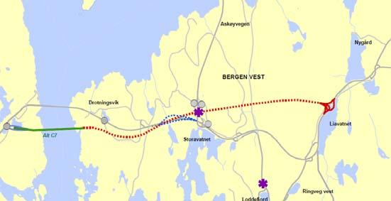 2. Lang tunnel Drotningsvik Liavatnet med ramper frå kryss ved Storavatnet retning Sotra Lang 2 løps tunnel med 2 felt i kvart løp (4 5 km lengde) frå brufeste i Drotningsvik til nytt kryss med