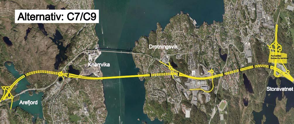 Parsell Arefjord Storavatnet Alternativ C7/C9 dagsoner og fleire korte tunnelar på heile parsellen Vegsystem På Sotrasida går alternativ C7/C9 på ny 4-felts viadukt frå kryss i Arefjord over
