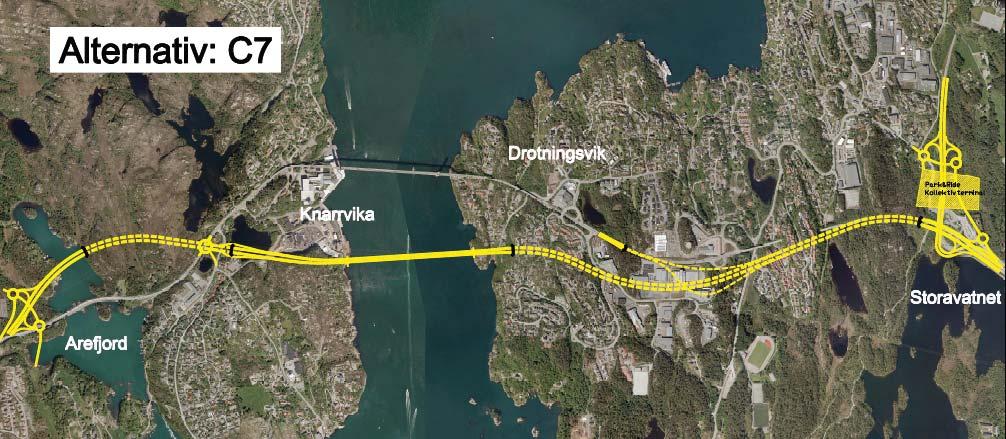 Alternativ C7 lang tunnel Drotningsvik Storavatnet på Bergenssida Vegsystem Mellom krysset i Arefjord og brufestet i Søre Drotningsvik følgjer traséen i alt C7 same trasé som omtalt for alt C7/C9.
