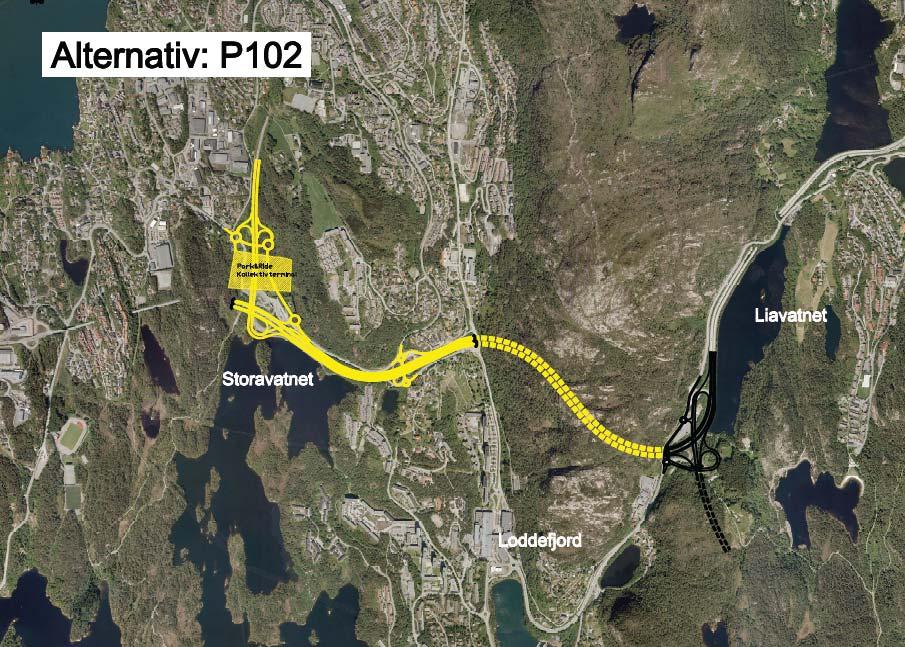 Alternativ P102 - Utviding av eksisterande rv 555 til 6 felt mellom Storavatnet og Liavatnet Vegsystem Frå nytt kryss i dagen med alle svingebevegelsar ved Storavatnet (jf omtale i traséalternativ i