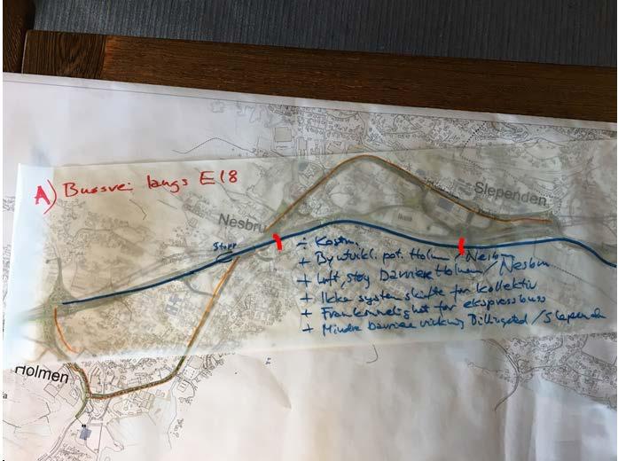 Følgende to forslag ble skissert: A. Egen bussvei langs E18 fra Nesbru til Slependen. Tunell fra Nesbru til ca. Smart Club / COOP. Kobler seg på bussveien v/ Slependen.