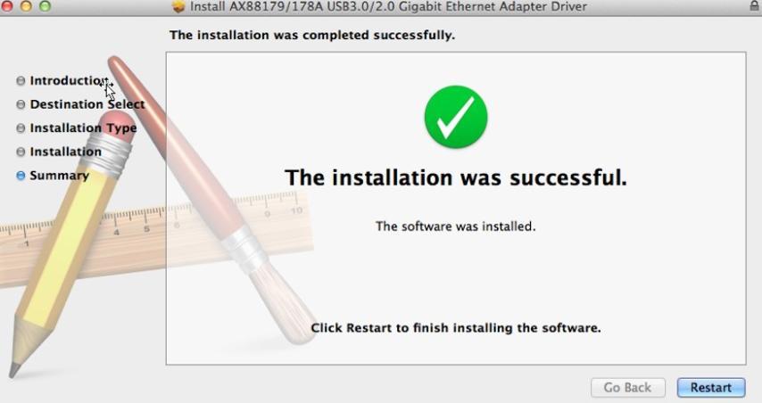 6. Klikk "Restart" for å starte ditt Mac OSX system på nytt og avslutte installasjonen. 7.