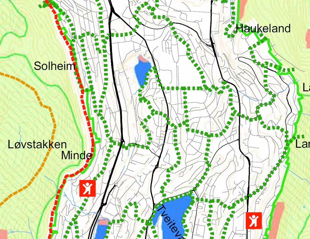 Grønne interesser turinteresser/overordnet grønnstruktur Fig. 1.6.3 Utsnitt fra temakart Grønnstruktur fra gjeldende Kommunedelplan for Bergen, planområdet i blå oval. Se fig. 1.6.3 og 1.6.4.