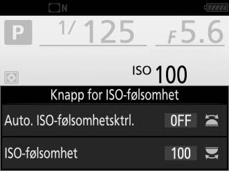 ISO-følsomhet kan justeres ved å trykke på W (S)-knappen og dreie hovedkommandohjulet til ønsket innstilling vises.