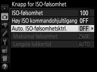 Automatisk ISO-følsomhetskontroll (Kun eksponeringskontroll P, S, A og M) Hvis På er valgt for Knapp for ISO-følsomhet > Auto. ISO-følsomhetsktrl.