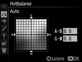 Marker et alternativ for hvitbalanse og trykk på 2 (hvis en undermeny vises, velger du ønsket alternativ og trykker på 2 igjen for å vise finjusteringsalternativene; for informasjon om finjustering